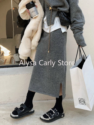 Elegant Knitting 2 Piece Set Women Long Sleeve Coat + Casual Midi Skirt