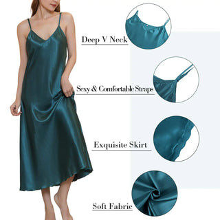 Women's Satin Nightgown Long Slip Sleep Dress Silk V Neck Sleepwear Solid Color Nightwear