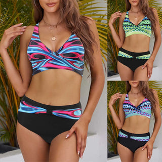 Women's Summer Bohemian Style Patchwork Printed Bikini Swimsuit Two Piece Set