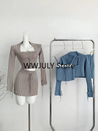 korean Grey Knitted Suit Woman Y2k Crop Tops Sweater