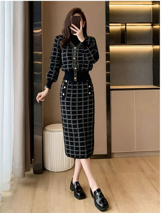 Elegant Half Turtleneck Plaid Sweaters Tops+slim High Waist Knitwear Skirts 2 Piece