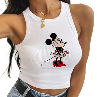 Divertides samarretes de tirants sense mànigues de Mickey Mouse Minnie Samarretes de moda casuals per a dones Crop Top de High Street Kawaii Croptop Armilla d'estiu