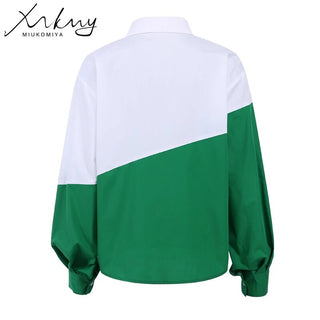 MiuKoMiYa Spring 2022 Womens Shirt Lapel Stitching Green Shirt Top Women LongSleeve White Top Cotton Shirt