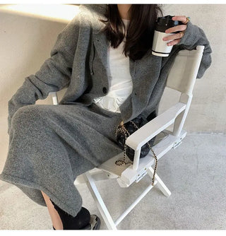 Elegant Knitting 2 Piece Set Women Long Sleeve Coat + Casual Midi Skirt