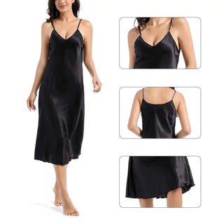 Women's Satin Nightgown Long Slip Sleep Dress Silk V Neck Sleepwear Solid Color Nightwear