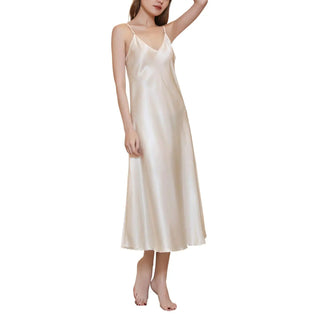 Women's Satin Nightgown Long Slip Sleep Dress Silk V Neck Sleepwear Solid Color Nightwear