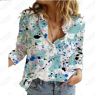 2023Women's Spring New LongSleeve Shirt Gradient Speckled 3D Printing Hot Selling Women's Polo Collar Single breasted Casual Top