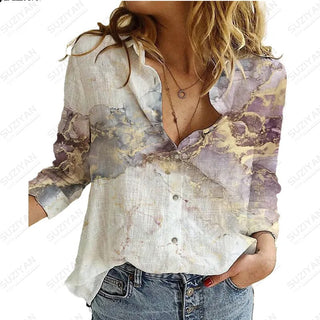 2023Women's Spring New LongSleeve Shirt Gradient Speckled 3D Printing Hot Selling Women's Polo Collar Single breasted Casual Top