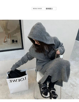 Elegant Knitting 2 Piece Set Women Long Sleeve Coat + Casual Midi Skirt