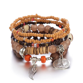 Mexico Bohemian Style Women Accessories Multi-Layer Wooden Beaded Bracelet Tree of Life Tassel Pendant Elastic Bracelet Jewelry