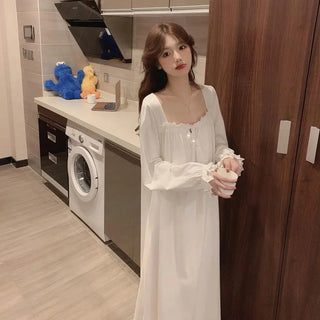 White Night Dress Women Korean Style Ruffles