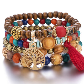 Mexico Bohemian Style Women Accessories Multi-Layer Wooden Beaded Bracelet Tree of Life Tassel Pendant Elastic Bracelet Jewelry