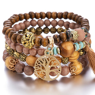 Mexico Bohemian Style Women Accessories Multi-Layer Wooden Beaded Bracelet Tree of Life Tassel Pendant Elastic Bracelet Jewelry