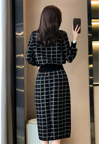 Elegant Half Turtleneck Plaid Sweaters Tops+slim High Waist Knitwear Skirts 2 Piece