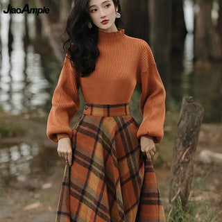 Women's Spring Autumn Vintage Plaid Long Skirts Sweater Two-Piece Set French Lady