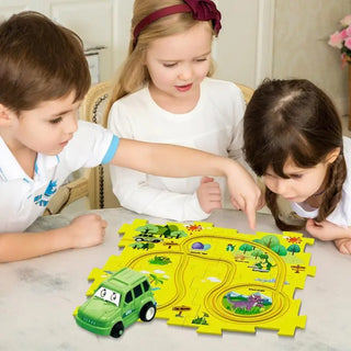 Puzzle Track Car for Kids Cartoon Dinosaurs Race Car Track Toys with Electric Car Educational Jigsaw Toy for Children Gift