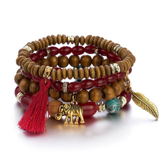 Mexico Bohemian Style Women Accessories Multi-Layer Wooden Beaded Bracelet Tree of Life Tassel Pendant Elastic Bracelet Jewelry