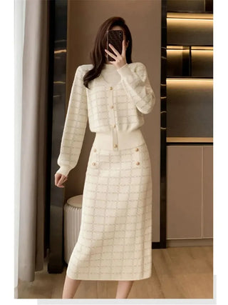 Elegant Half Turtleneck Plaid Sweaters Tops+slim High Waist Knitwear Skirts 2 Piece