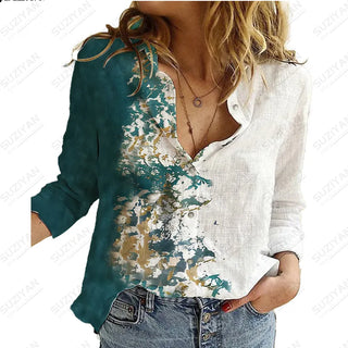 2023Women's Spring New LongSleeve Shirt Gradient Speckled 3D Printing Hot Selling Women's Polo Collar Single breasted Casual Top