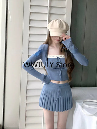 korean Grey Knitted Suit Woman Y2k Crop Tops Sweater