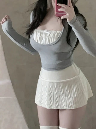 Knitted 2 Piece Dress Set Casual Short Sweater Tops