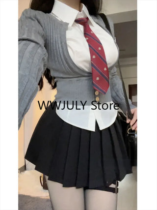 Japanese Uniform Suit Woman Grey Slim Knitted Sweater Tops