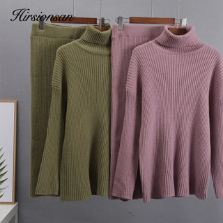 New Casual Two Pieces Turtle Neck Sweater and Midi Skirt Female Warm Suits with Skirt