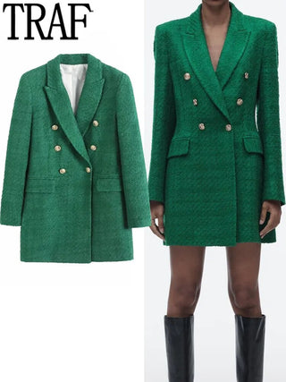 TRAF 2023 Green Long Blazer Woman Tweed Blazer