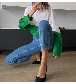 MiuKoMiYa Spring 2022 Womens Shirt Lapel Stitching Green Shirt Top Women LongSleeve White Top Cotton Shirt