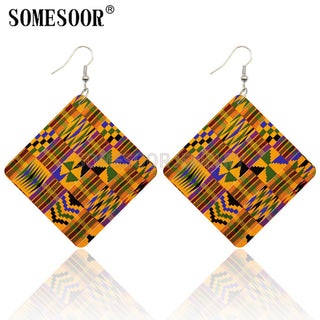 SOMESOOR Geometric African Fabric Style Bohemian Wooden Drop Earrings Afro Ethnic Square Pendant Dangle Jewelry For Women Gifts