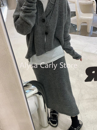 Elegant Knitting 2 Piece Set Women Long Sleeve Coat + Casual Midi Skirt