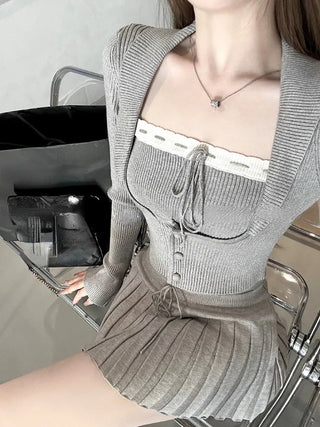 korean Grey Knitted Suit Woman Y2k Crop Tops Sweater