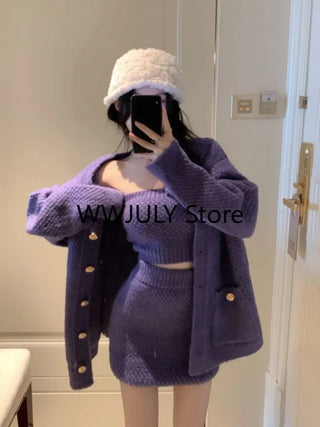 2023 Autumn Purple Knitted Sweater Suit Woman Sexy Y2k Mini Skirt Party Korea 3 Piece Set