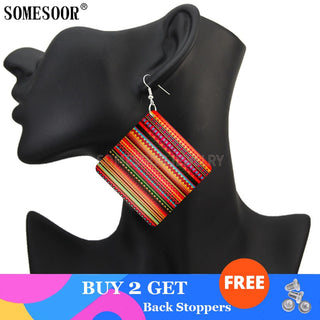 SOMESOOR Geometric African Fabric Style Bohemian Wooden Drop Earrings Afro Ethnic Square Pendant Dangle Jewelry For Women Gifts