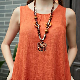 Boho Jewelry Ethnic Style Long Hand Made Bead Wood Elephant Pendant Necklace Sweater Chain For Women Fashion Neck Jewelry Gift