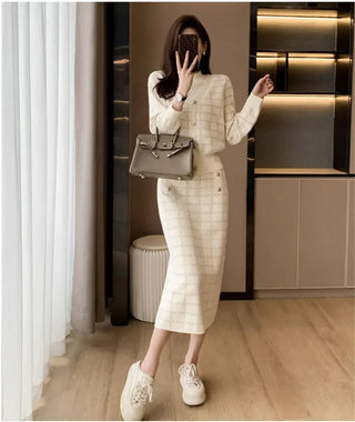 Elegant Half Turtleneck Plaid Sweaters Tops+slim High Waist Knitwear Skirts 2 Piece