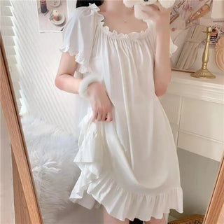 White Night Dress Women Korean Style Ruffles