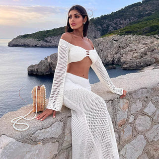 Summer Sexy Low Waist Slim Knitted Solid Skirt Set Long Sleeve