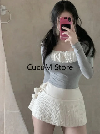 Knitted 2 Piece Dress Set Casual Short Sweater Tops