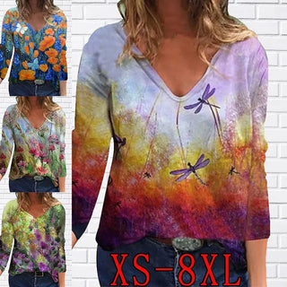 Women 2022 Autumn Trendy New Longsleeve Casual Personalized Cute V-Neck Tops Plus Size XS-8XL