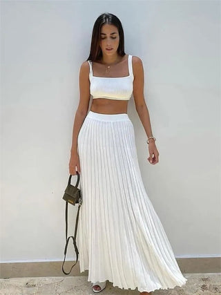 Pleated Knitted Skirt Suits For Women Long Dress Sets Summer