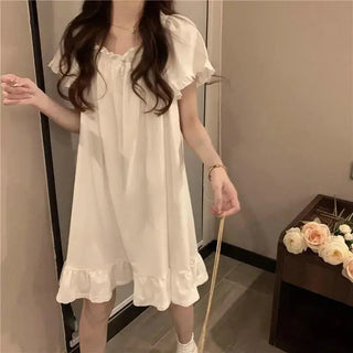 White Night Dress Women Korean Style Ruffles