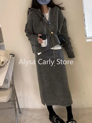 Elegant Knitting 2 Piece Set Women Long Sleeve Coat + Casual Midi Skirt