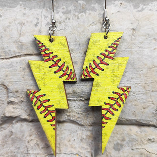 Laser Cutout Baseball Softball Sport Style Lightning Bolt Shape Wooden Dangle Earrings for Women Sproty Wood Charms Jewelry