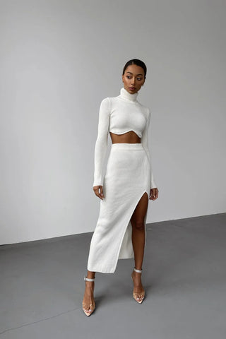 Chic Women Knitted Set Crop Tops and Skirt Clothing