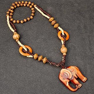 Boho Jewelry Ethnic Style Long Hand Made Bead Wood Elephant Pendant Necklace Sweater Chain For Women Fashion Neck Jewelry Gift