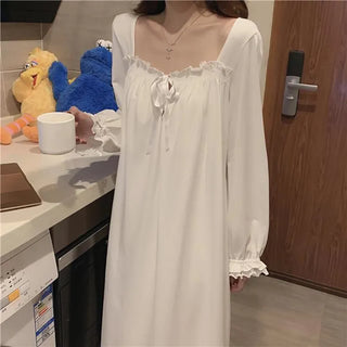 White Night Dress Women Korean Style Ruffles