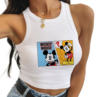 Divertides samarretes de tirants sense mànigues de Mickey Mouse Minnie Samarretes de moda casuals per a dones Crop Top de High Street Kawaii Croptop Armilla d'estiu