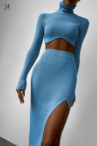 Chic Women Knitted Set Crop Tops and Skirt Clothing