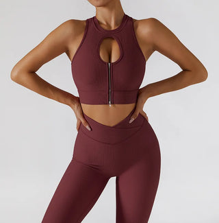 Chest Zipper Yoga Suit Women's Tracksuits Seamless Gym Workout Clothes 2 PCS Sexy Sportswear High Waist Leggings Bra Sports Set